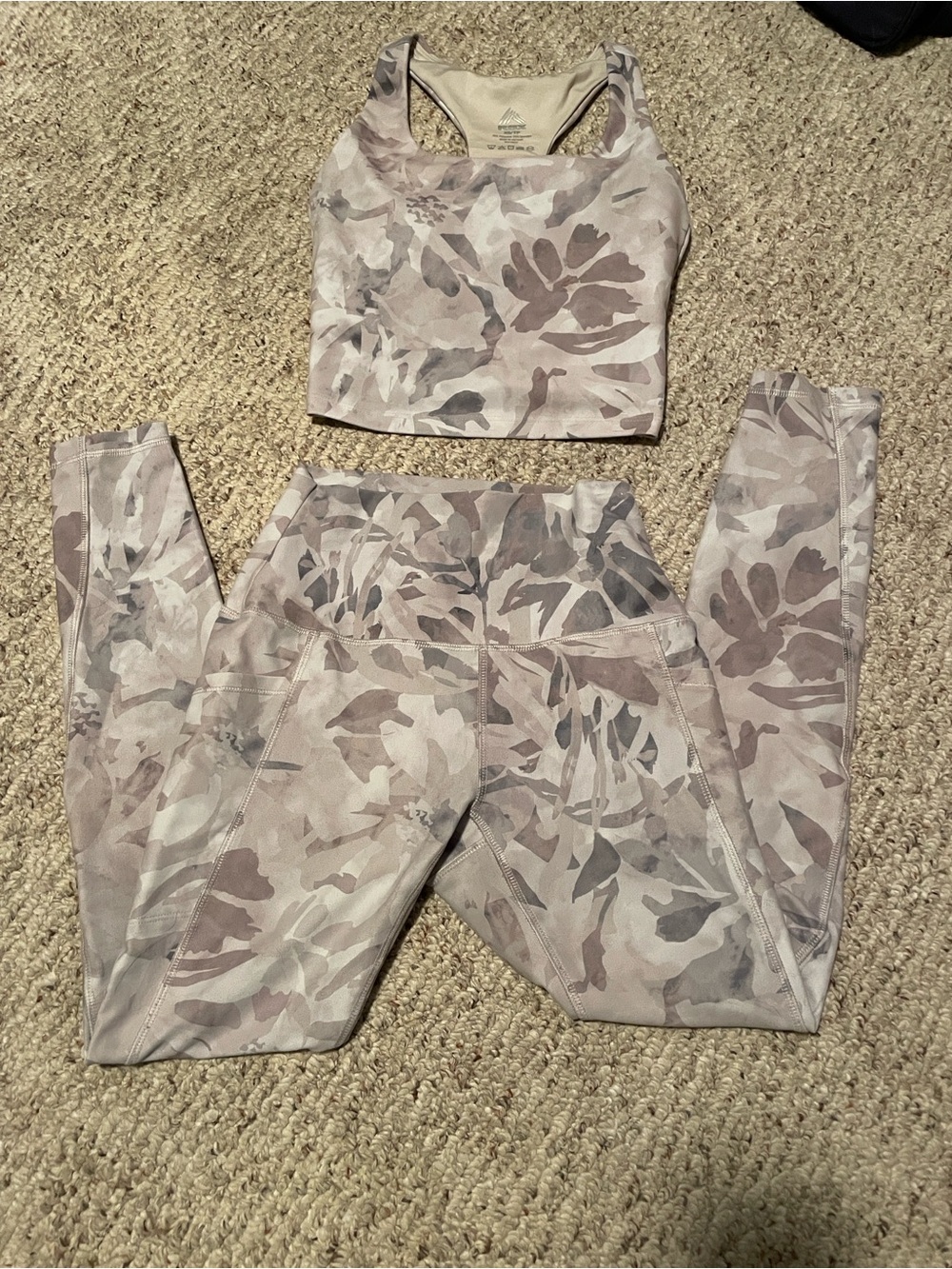 RBX Women's Floral Camo Leggings and Crop Top Set in Beige and Gray